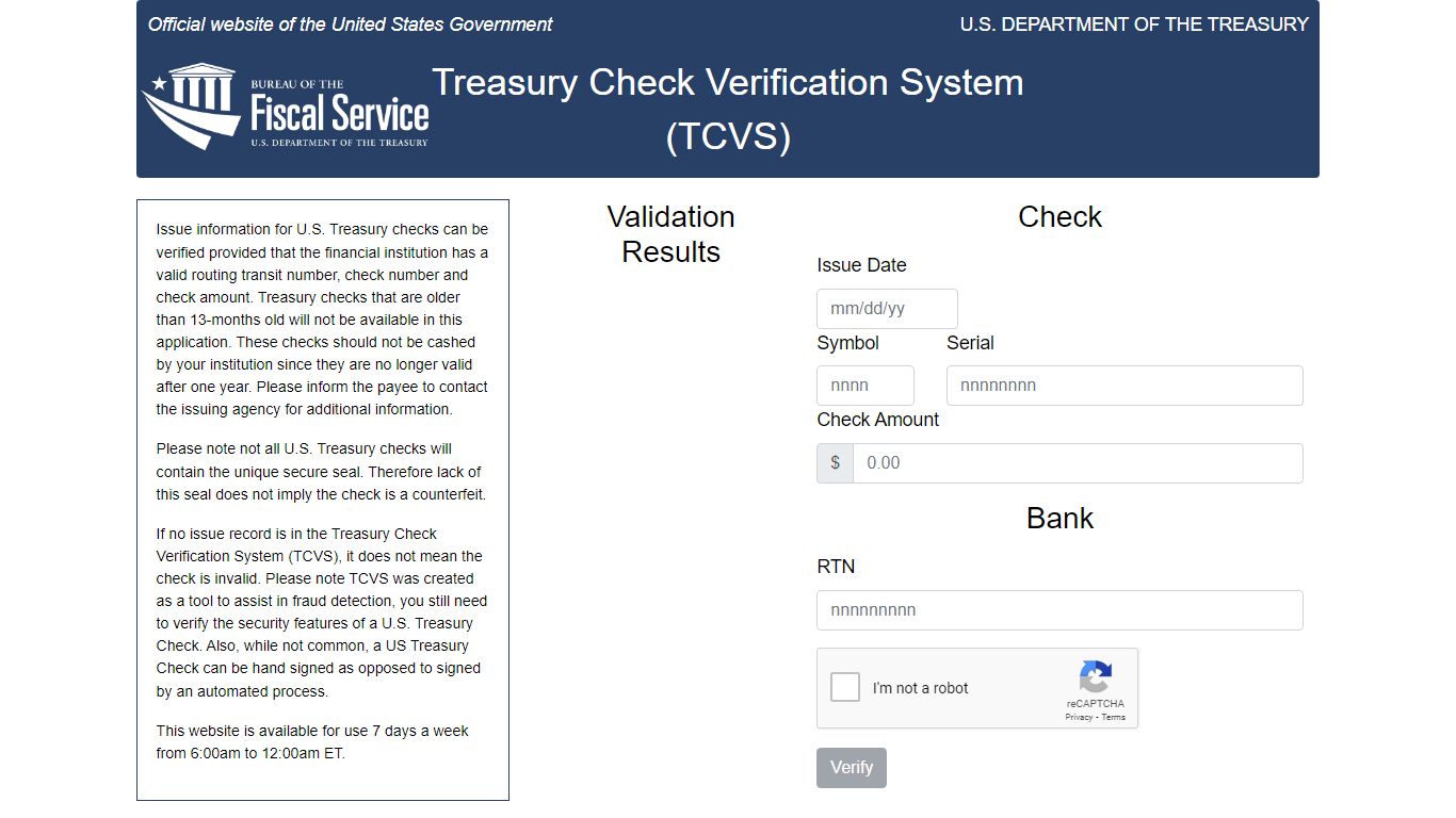 Treasury Check Verification System - TCVS